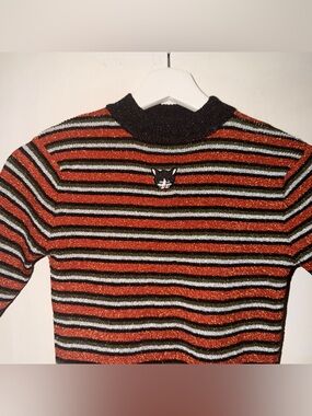 Cute Striped Metallic Knit Top with Cat Patch